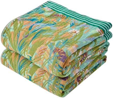 VANJOROY King Boho Throw Blanket, 100% Organic Cotton Breathable Skin-Friendly Ultra Soft 91" x 98" Bed Quilt Green Leaf Throw - Floral Rustic Luxury Reversible Blanket for Sofa Couch Chair and Gift by CHOOSEVANJOROYENJOYAMORECOMFORTABLEFEELING