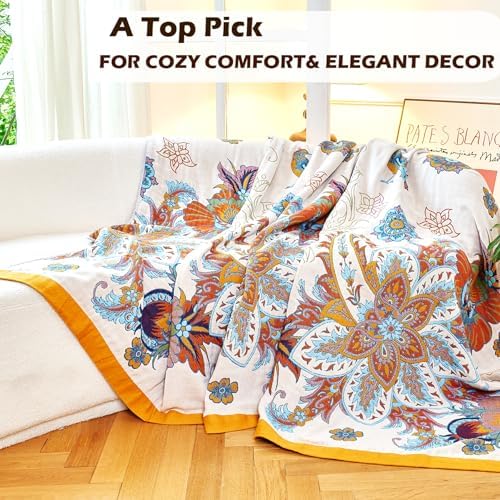 VANJOROY Boho Throw Blanket, 100% Organic Cotton Breathable Skin-Friendly Ultra Soft Bed Quilt Throw - All Season Floral Bird Farmhouse Décor Luxury Blanket for Sofa Couch Chair and Gift. 80" x 90" - Image 7