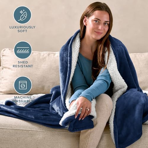 Bare Home Sherpa Fleece Blanket (Throw, Dark Blue) - Image 3