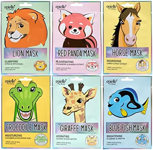 Epielle Character Face Mask Wild Kingdom 6 Pack, Fun & Effective Korean Skin Care, Spa Party Favors, Birthday Gifts for Women, Self Care Gifts by Epielle