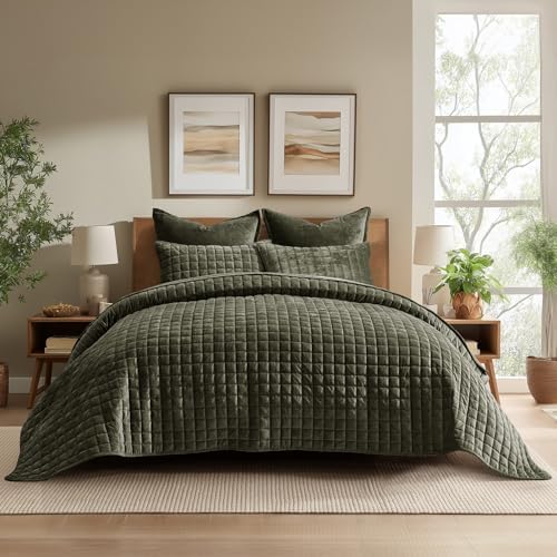 RECYCO Channel Box Stitch Velvet Quilt Set, Twin/Twin XL Size, Olive Green - Image 2