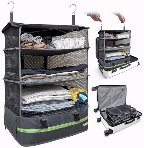 Stow-N-Go Portable Hanging Travel Shelves, Packing Organizer for Luggage. Carry on Closet for Clothes. Expandable Packing Cube. Travel Essentials. Dak Gray - XL by GrandFusion