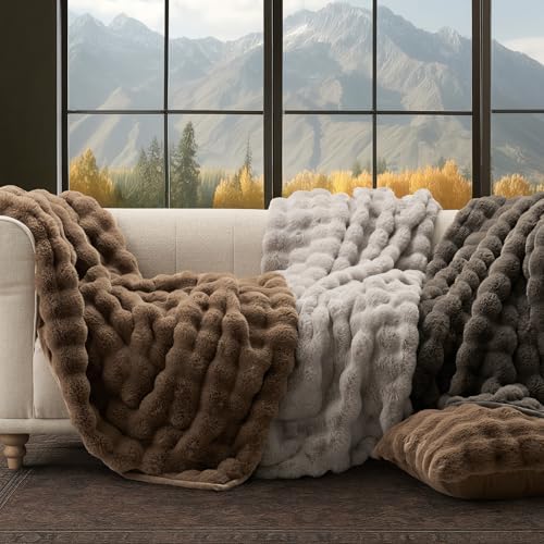 EverGrace Faux Rabbit Fur Bubble Throw Blanket, 50"x60", Dark Taupe - Image 7