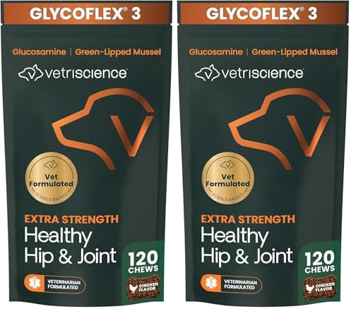 VetriScience Extra Strength Healthy Hip&Joint Chews,GlycoFlex 3,Glucosamine,Green-Lipped Mussel,Joint Support Supplement for Dogs,Promote Mobility&Soothe-Joint Discomfort,Chicken,120 Count (Pack of 2) by VetriScienceLaboratories
