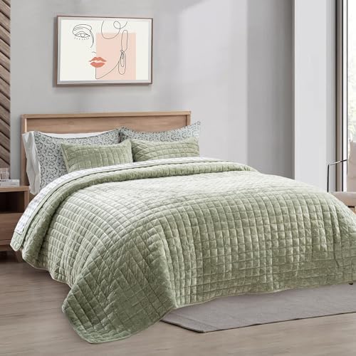 RECYCO Channel Box Stitch Velvet Quilt Set, Twin/Twin XL Size, Sage Green by RECYCOHOMECOLLECTION