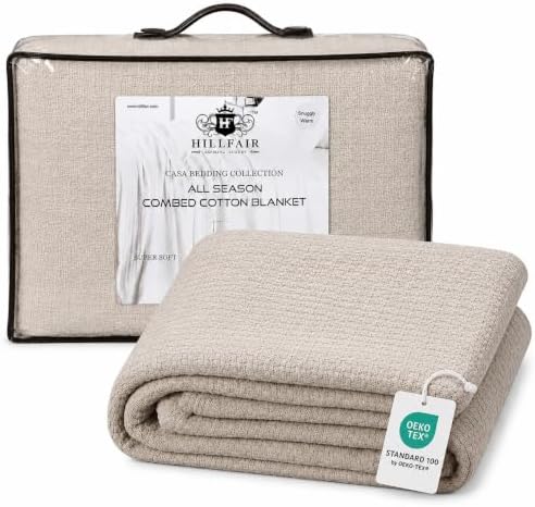 HILLFAIR 100% Combed Cotton Blanket– California King Size Bed Blanket – Warm Soft All Season Breathable Blankets – 102 x 108 inch Extra Large Oversized California King Cotton Blankets for Bed- Sand by HILLFAIR