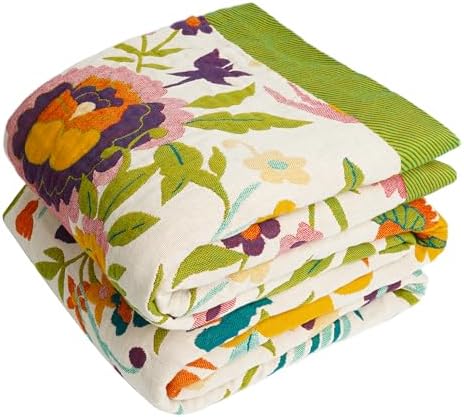 VANJOROY Boho Throw Blanket, 100% Organic Cotton Breathable Ultra Soft 91" x 108" King Bed Quilt Throw - All Season Floral Rustic Farmhouse Decor Luxury Blanket for Sofa Couch Chair and Gift by CHOOSEVANJOROYENJOYAMORECOMFORTABLEFEELING