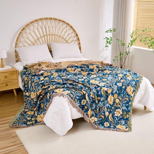 VANJOROY Boho Throw Blanket, 100% Organic Cotton Breathable Ultra Soft 60" x 80" Bed Quilt Blue Throw - All Season Bird Floral Rustic Farmhouse Decor Reversible Blanket for Couch Chair and Gift - Image 7