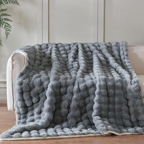 60x80 Inches Ultra-Soft Fuzzy Faux Fur Plush Twin Size Blanket - Thick, Warm Sherpa for Couch, Sofa, Bedroom, Camping - Decorative Blanket for Cozy Warmth, Bubble Grey - Image 4
