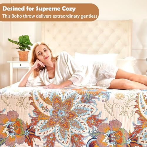 VANJOROY Boho Throw Blanket, 100% Organic Cotton Breathable Skin-Friendly Ultra Soft Bed Quilt Throw - All Season Floral Bird Farmhouse Décor Luxury Blanket for Sofa Couch Chair and Gift. 80" x 90" - Image 5