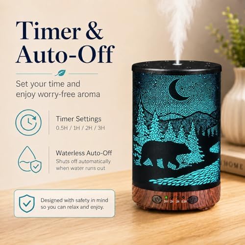 Essential Oil Diffuser 120ML Metal Aromatherapy Diffuser with Timer, Cool Mist Humidifier with Auto Shut-Off & 7 Color Lights for Home Office Spa(Wild Bear) - Image 5