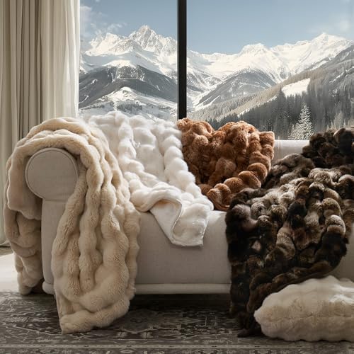 EverGrace Faux Rabbit Fur Bubble Throw Blanket, 90"x90", Cream - Image 7