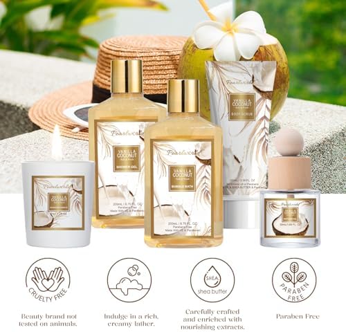 Birthday Gifts Basket for Women, 15pcs Vanilla Coconut Bath Set with Shower Gel, Bubble Bath, Diffuser Oil, Scented Candle, Skin Care Kit Birthday Gift for Women - Image 4