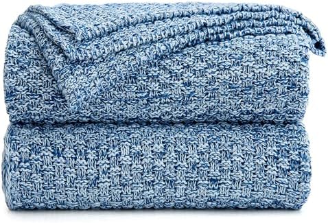 Longhui bedding 100% Cotton Knitted Throw Blanket – Blue White, Soft & Cozy, Machine Washable, 51"x63" – Perfect for Living Room, Couch, Sofa, Bed or Travel by LongHuiBedding