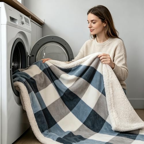 PU MEI Sherpa Fleece Throw Blanket 80" x 90" Full/Queen Reversible Plush Fluffy Extra Large Big Blanket Lattice Flannel Blankets for Sofa Couch Bed (Grey-Soft Blue, 80"*90") - Image 6