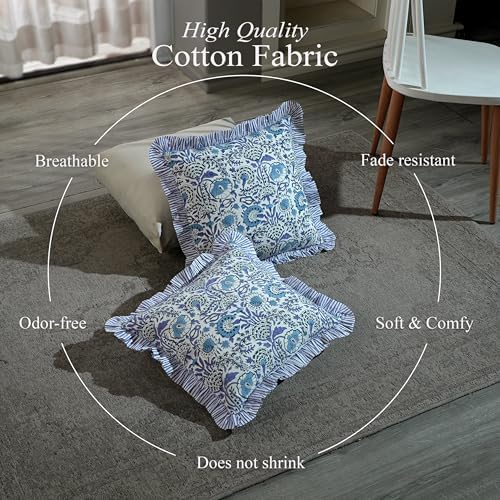 CPC Indigo Blue 100% Cotton Block Print Ruffle Pillow Cover 16X16 inch, Handmade Boho Floral Pillowcase, Farmhouse Cottagecore Bedding, Soft Decorative Cushion Cover for Bedroom Décor - Image 3