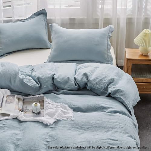 Simple&Opulence 100% Linen Duvet Cover Set with Embroidery Border Washed - 3 Pieces (1 Duvet Cover & 2 Pillow Shams) with Button Closure Soft Breathable Farmhouse - Dusty Blue, Queen Size - Image 6
