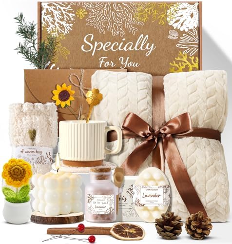 11pcs Spa Gift Baskets for Women, Sunflower Self Care Set, White by Coralogo