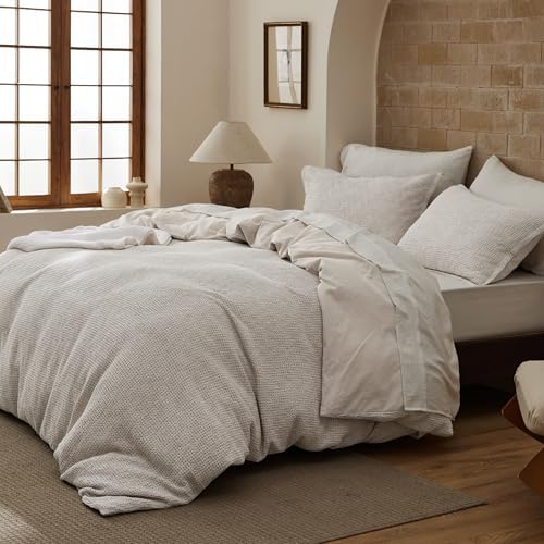 Bedsure PureWoven Space-Dyed Cotton Waffle Duvet Cover Set, King, Linen - Image 2