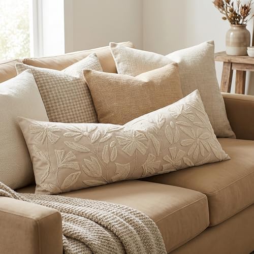 BlissBlush 14x36 Lumbar Pillow Cover for Bed, Rectangular Decorative Long Throw Pillowcase, Embroidered Farmhouse Accent Cushion, Beige Neutral Floral Tufted (Cover Only) - Image 5