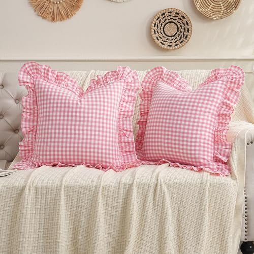2 Pack Pink/White Plaid Ruffled Checkered Throw Pillow Cover 20 x20 inches by Qilunn