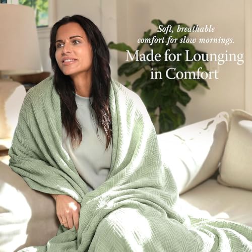 Threadmill Luxury 100% Cotton King Herringbone Blanket, Sage Green - Image 3