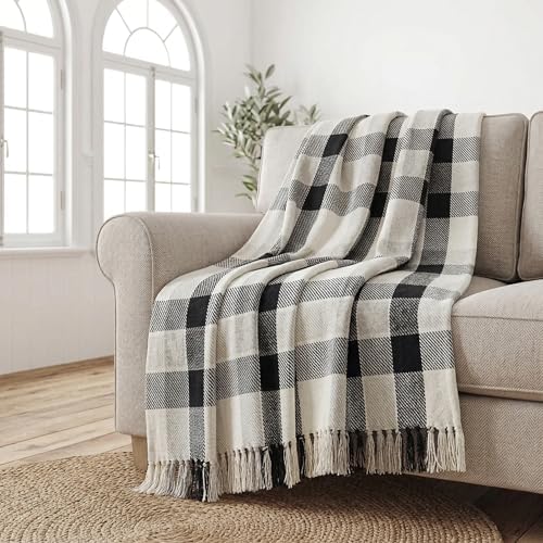 Americanflat 50x60 Throw Blanket - Soft and Breathable Cotton Throw Blanket for Couch, Bed, Chair - Decorative Blankets Perfect for Home, Office, or Outdoor Use - Black, Cream and Beige Plaid Design - Image 4