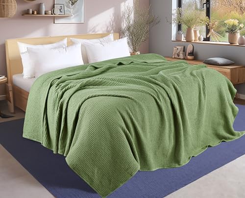 Tex Trend 100% Cotton Waffle Weave Blanket Queen Size - Soft, Breathable Cooling Blanket for Bed, Lightweight Cozy Summer & Spring Bedding, Sage Green, 90x90 - Image 3