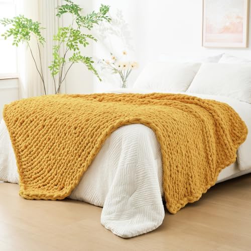 Bigacogo Chunky Knit Throw Blanket for Couch, 40x80 inches, Mustard Yellow by Bigacogo
