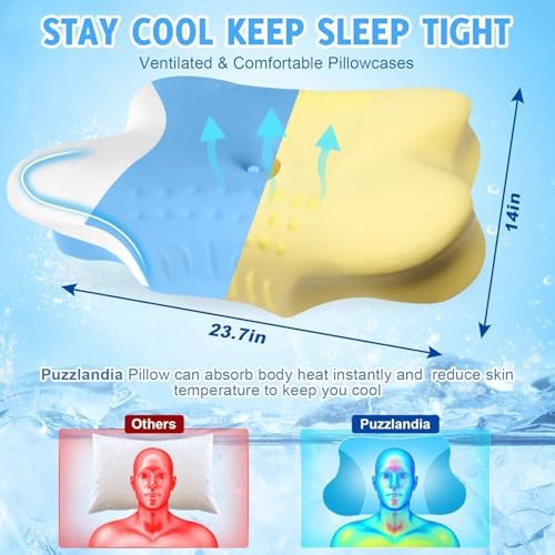 Cervical Neck Pillows with Memory Foam - Ergonomic Neck Support Pillows for Pain Relief Contour Memory Foam - Adjustable Orthopedic Bed Pillows with Cooling Breathable Pillowcase for Sleeping - Blue - Image 2