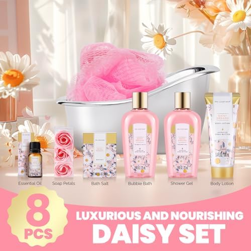 Self Care Gifts for Women, Spa Luxetique 8pcs Daisy Bath and Body Gift Baskets for Her, Bath Set with Bubble Bath, Lotion, Christmas Gifts for Mom - Image 2