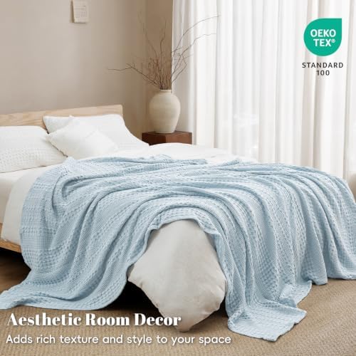 PHF Lightweight 100% Cotton Waffle Blanket for Bed, Queen, Sky Blue - Image 5