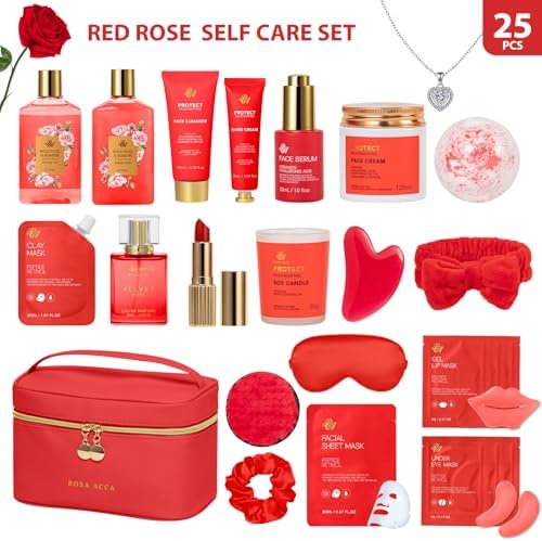 25 Pcs Mother's Day Gift, Red Rose Bath & Body Gift Basket Set for Women, Hydrating Skin Care Set, Home Spa Self Care Gifts, Cosmetic Bag, Necklace, Christmas, Birthday, Anniversary - Image 2