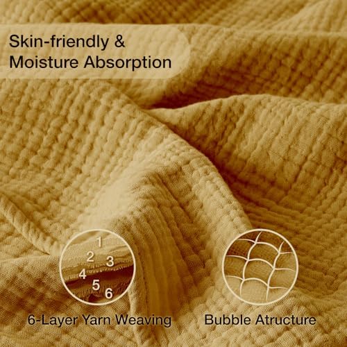 100% Cotton Muslin Blanket Twin 66" x 90", 6 Layers Breathable and Lightweight Cotton Blankets for Couch, Soft Cooling Summer Gauze Blanket for Adults All Season, Mustard - Image 6