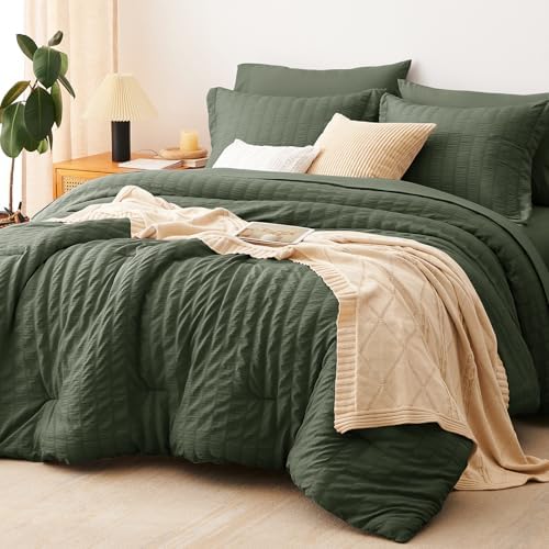 CozyLux King Size Comforter Set 7 Pieces Dark Green Seersucker Bed in a Bag by CozyLux