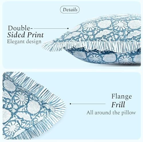 CPC Blue Meadow Hand Block Print 100% Cotton Ruffle Throw Pillow Cover 24x24 inch with Hidden Zipper Decorative for Couch, Bed, Sofa, Farmhouse, Cottagecore Decor Gift Christmas Fall Thanksgiving - Image 2