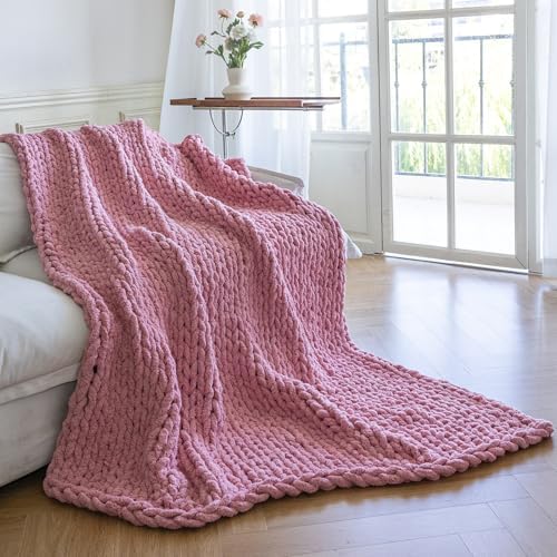 Chunky Knit Throw Blanket for Couch，50x60 Inches Pink by Larexius