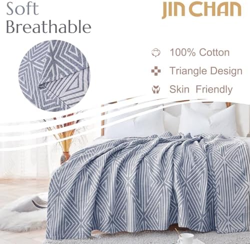 jinchan 100% Cotton Muslin Blanket Twin Boho Throw Blanket 60x80 Denim Blue - Image 2