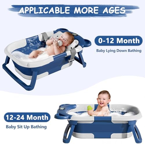 MoreFeel Collapsible Baby Bathtub for Newborn with Thermometer & 1 Soft Floating Cushion & 1 Bath Net,Portable Travel Bathtub with Drain Hole, Durable Foldable Baby Tubs for Infants to Toddler - Image 3