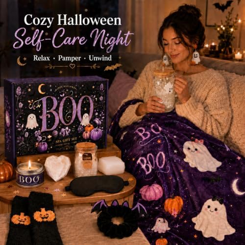 Halloween Gift Basket for Women, Boo Basket Stuffers for Her with 3.3 x 5 ft Blanket, 16 oz Ghost Glass Cup, Lavender Spa Set, Candle, Bath Salts, Soap, Socks and Accessories, Purple - Image 4