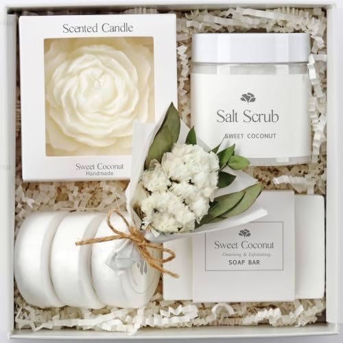 Birthday Gifts for Women – Sweet Coconut Spa Gift Basket, Candle & Bath Set, Relaxing Self Care Basket for Bridal Shower, Mom, Wife, Sister or Friend by LaurGifts