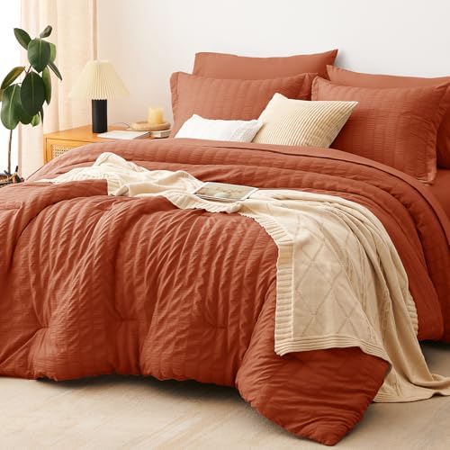 CozyLux Oversized King Comforter Set 120x98 7-Piece Burnt Orange Seersucker by CozyLux