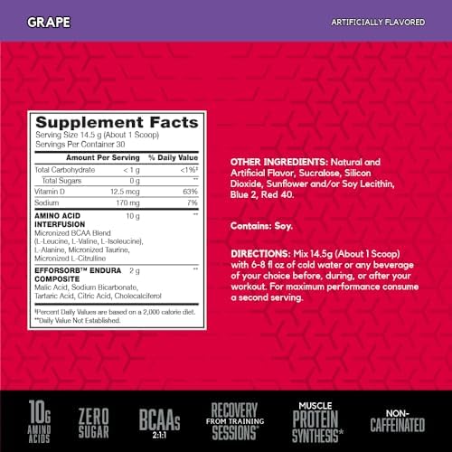 BSN Amino X Recovery Powder with BCAAs, Zero Sugar, Grape, 30 Servings - Image 2