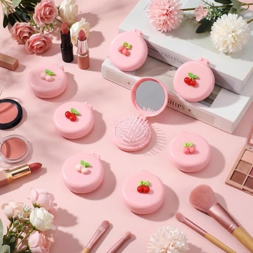 12 Pcs Pink Coquette Cherry Mini Hair Brushes Folding Mirror Coquette Detangler Brush Bulk Round Compact Massage Scalp Comb for Purse Women Travel Team Gifts Trendy Stuff Party Favors - Image 5