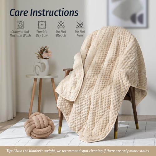 Fleece Weighted Blanket for Adults 60" x 80" 15lbs Fuzzy Blankets, Khaki - Image 6