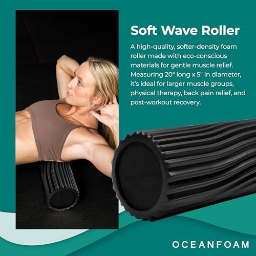Oceanfoam Soft Tidal Roller (Black) - Low Density Foam Roller for Physical Therapy, Back Pain, Excercise & Stretching - Wave Textured - Yoga, Athletics, & Wellness - Full Size, 20" x 5" - Image 3