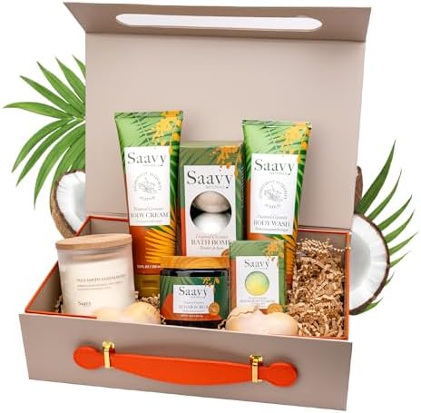 Saavy Naturals 9-Piece Spa Gift Set – Body Wash, Scrub & More – Plant-based Ingredients, Luxurious Spa Gift Basket for Women & Men –Mothers Day Gifts – Tropical Coconut by SaavyNaturals