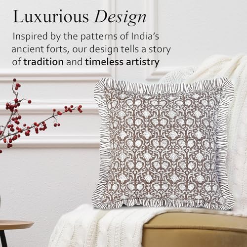 CPC Mocha Regal Hand Block Print 100% Cotton Ruffle Throw Pillow Cover 18x18 inch with Hidden Zipper Decorative for Couch, Bed, Sofa, Farmhouse, Cottagecore Decor Gift Christmas Fall Thanksgiving - Image 7