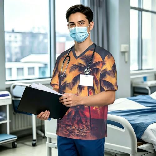 Men's Scrub Top,V-Neck Spill Wrinkle Resistant,3 Pockets-Palm Silhouettes (2) - Image 3