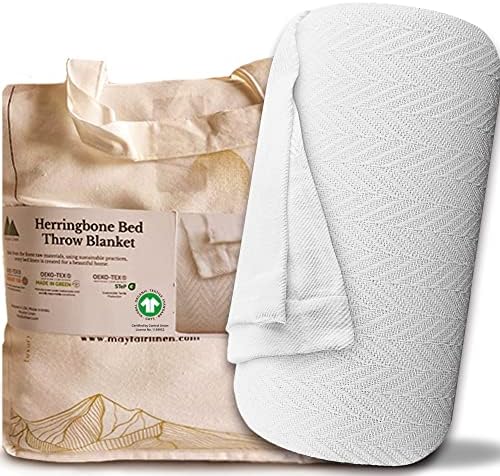 Mayfair Linen Cotton Throw Blankets for Bed King Size - Herringbone Pattern Cotton Blankets King Size (1 PC, White), Breathable, Soft & Cozy Thermal All Season Throw for Bed Couch Chair Outdoors by MayfairLinen